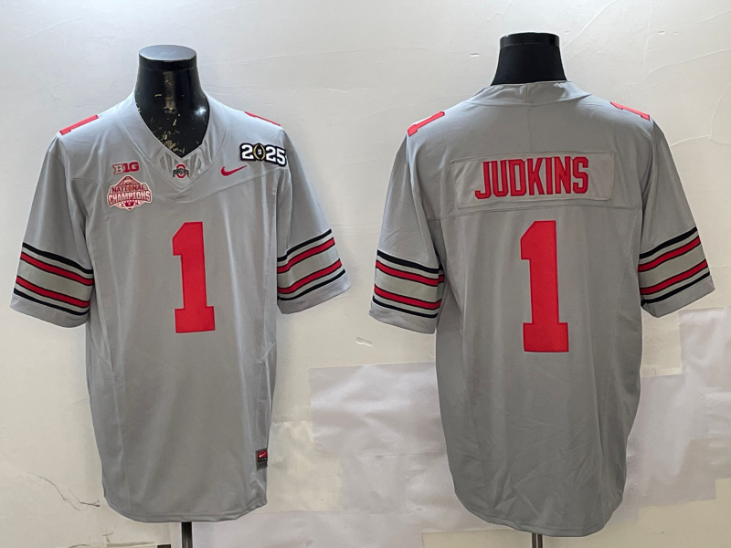 Men's Ohio State Buckeyes Quinshon Judkins #1 Gray 2025 CFP Final National Champions Patch F.U.S.E. Jersey